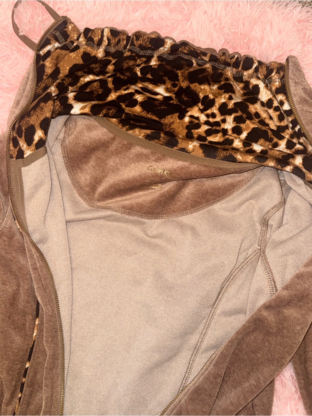 Calvin Klein Velour Tracksuit Set Brown Leopard Print Hood Gold Zip Y2K Size S - Picture 4 of 12